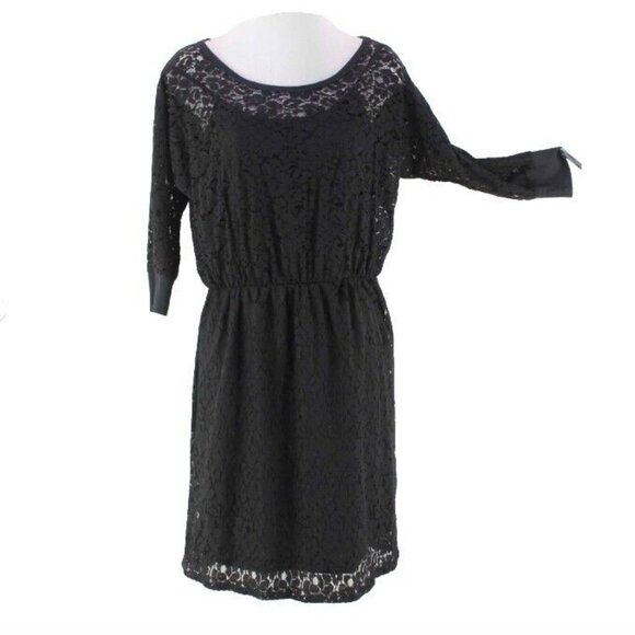 Staci Woo $88 Sz M Black Lace 3/4 Sleeve Cotton Nylon Poly Blend Dress - Picture 1 of 8